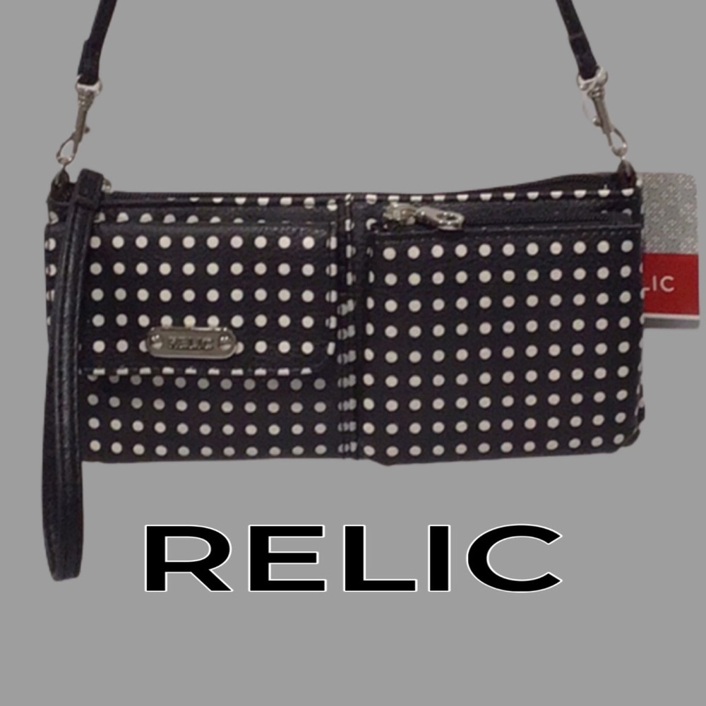 NEW RELIC by Fossil Evie Wristlet Crossbody Clutch Black and White Polka Dots